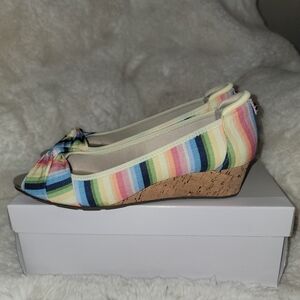 Anne Klein Sport Rainbow Multi-Stripe Cork Wedge Peep-Toe Heels Size 9.5